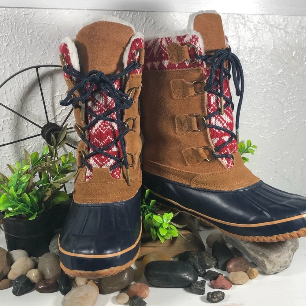 KHOMBU Sherpa Lined Duck Boots Sweater Print Lace Up Boots